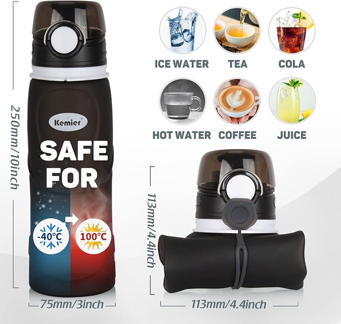 Kemier Collapsible Silicone Water Bottles-750ML, Medical Grade, BPA Free Travel - Image 6