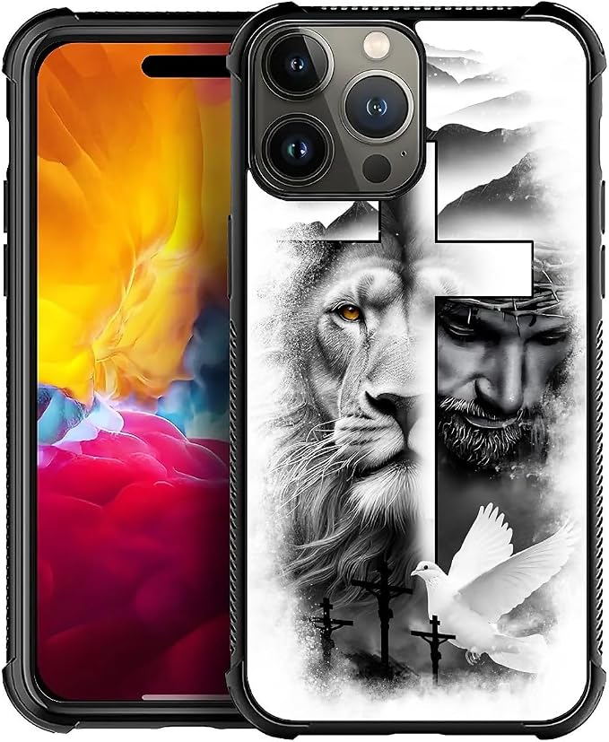 for iPhone 15 Pro Case, Lion Cross Jesus Christ Dove Pattern Graphic Design by FKBRCL4U