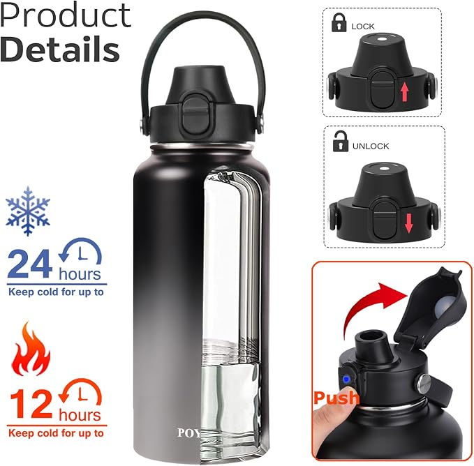 Water Bottle Insulated 32oz 40oz 64oz 128oz Straw Lid Spout Lid & 3 Lids - Image 2