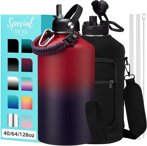 1 Gallon Water Bottle with Straw - 128oz Stainless Steel Water Jug with Sleeve by VICKNIY