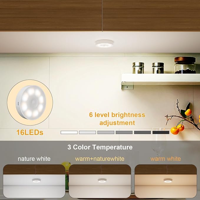 6 Pack Under Cabinet Lights, 16 LEDs Wireless Motion Sensor Light Puck Light - Image 2