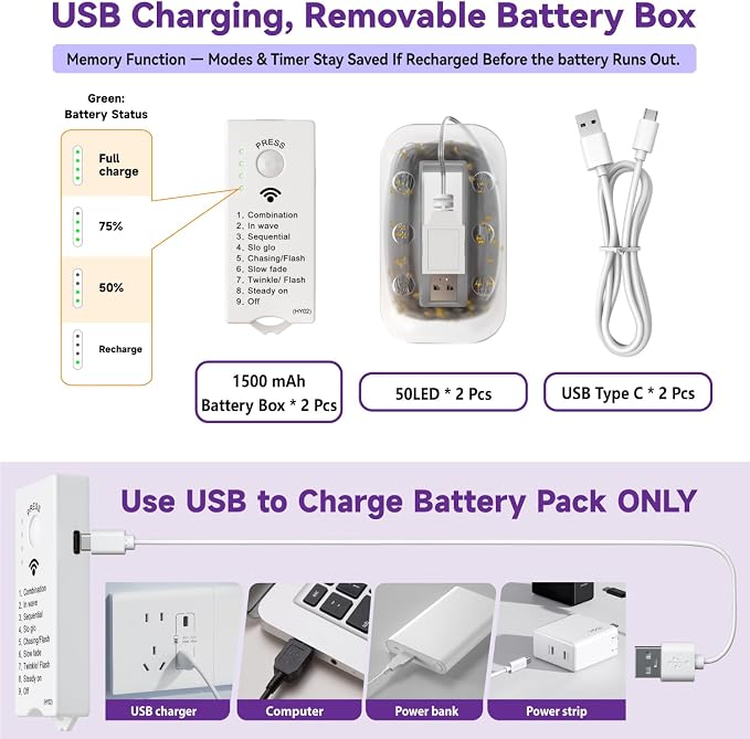 HXWEIYE Rechargeable Fairy Lights Battery Operated, DIY Timer & 8 Modes - Image 6