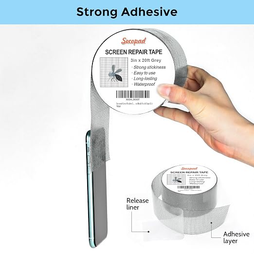 Secopad Grey Window Screen Repair Tape, 3IN X 20FT Screen Repair Kit - Image 2