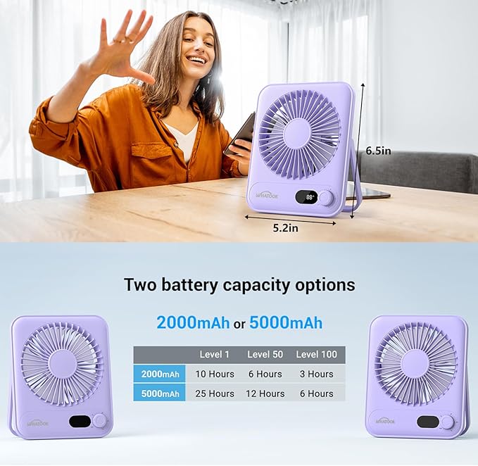 WHATOOK Small Desk Fan Personal Fans: 5000mah 25 Hours Battery Office Quiet - Image 6