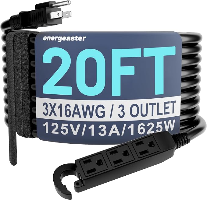 16/3 20 Ft 3 Outlet Extension Cord Outdoor Waterproof, 3 Prong Electrical Cord by energeaster