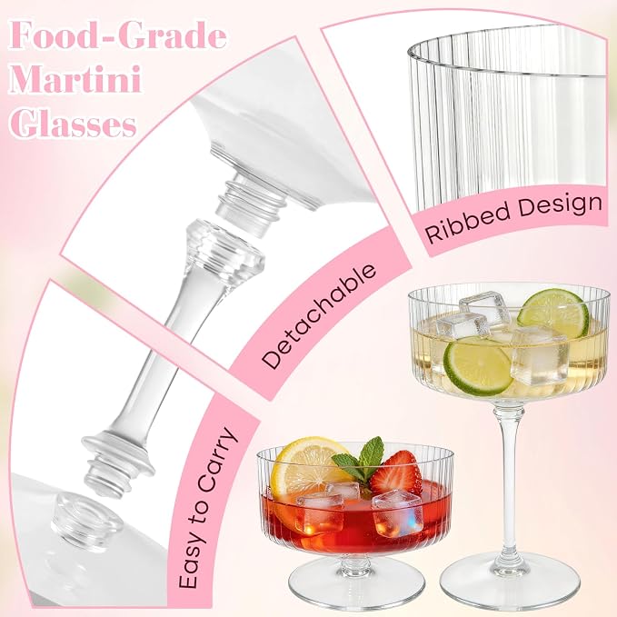 PLULON 6 Pcs Clear Martini Glasses Set 10 Oz Plastic Ribbed Coupe Glass - Image 4