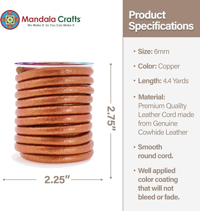 Mandala Crafts Round Genuine Copper Leather Cord - Image 4