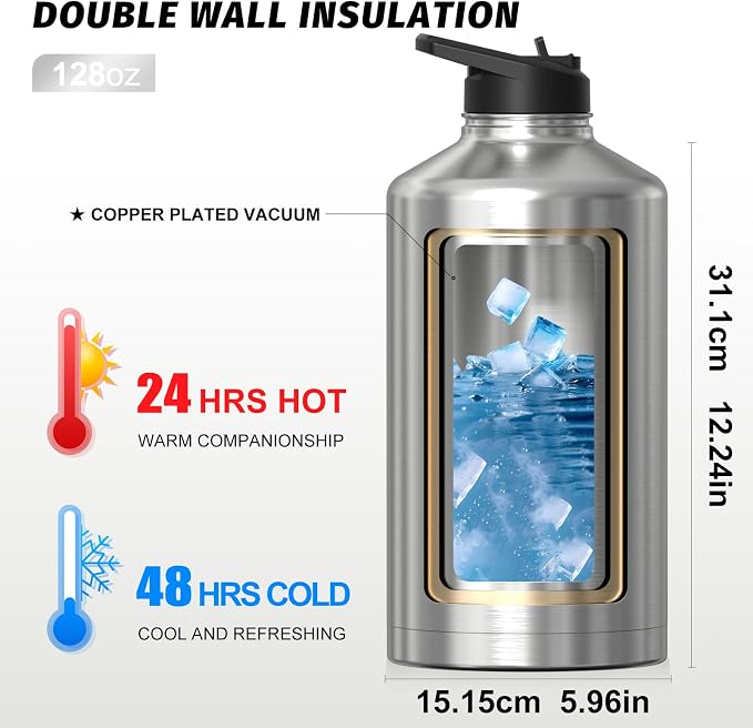 1 Gallon Water Bottle Insulated, BPA Free&Leak Proof, 128oz Stainless Steel - Image 3