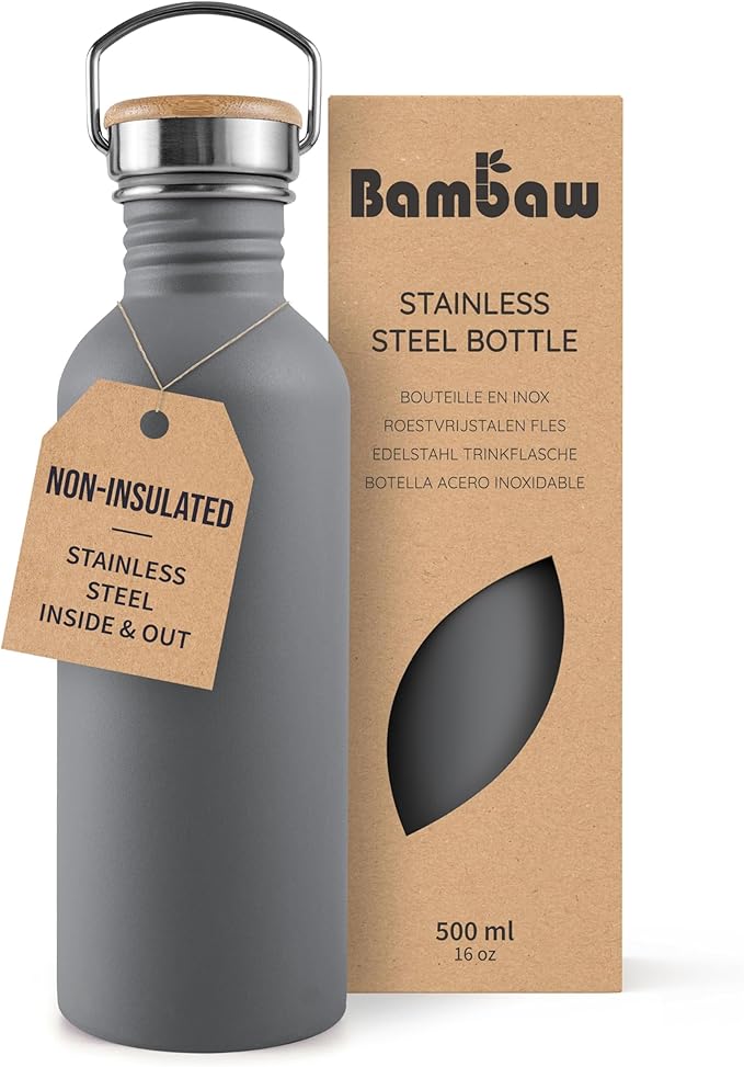 Bambaw 16 oz Water Bottle no Straw, Non-insulated Reusable Water Bottle BPA by Bambaw