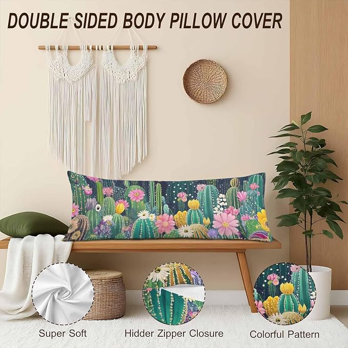 Cactus Decorative Body Pillows for Home, Tropical Cactus Floral Body Pillow - Image 4