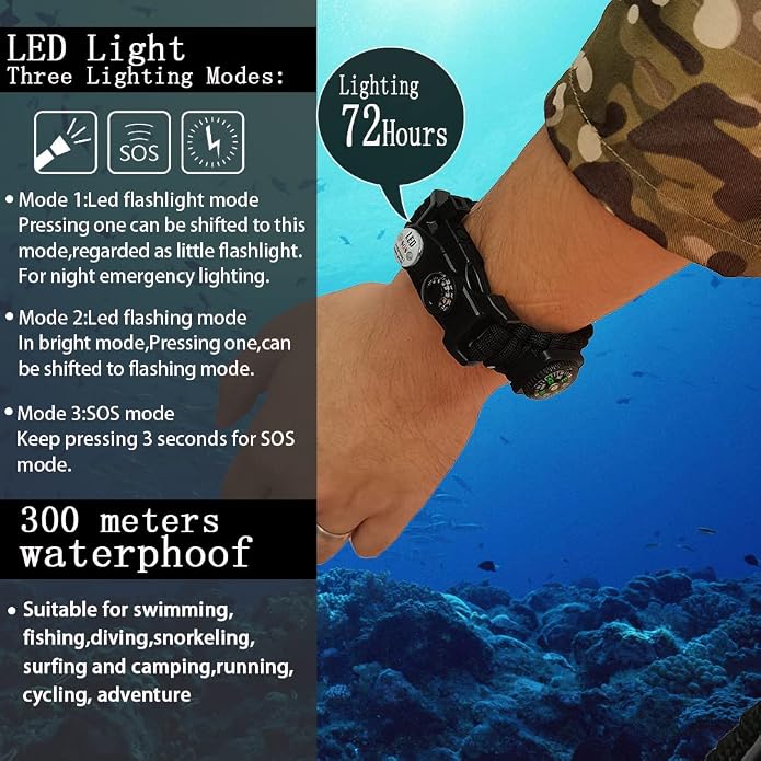 Survival Paracord Bracelet, Fire Starter, Waterproof SOS Light, Adjustable AK87 - Image 3