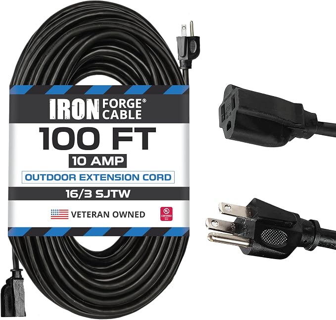Iron Forge Cable 100 Ft Black Extension Cord, 100 Foot Extension Cord, 3 Prong by IronForgeCable
