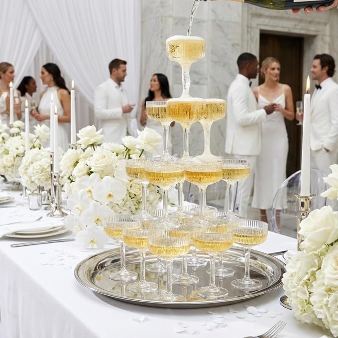 Premium ACRYLIC Champagne Tower Kit | 20 Stackable 7 oz Plastic Coupe Flutes | - Image 7