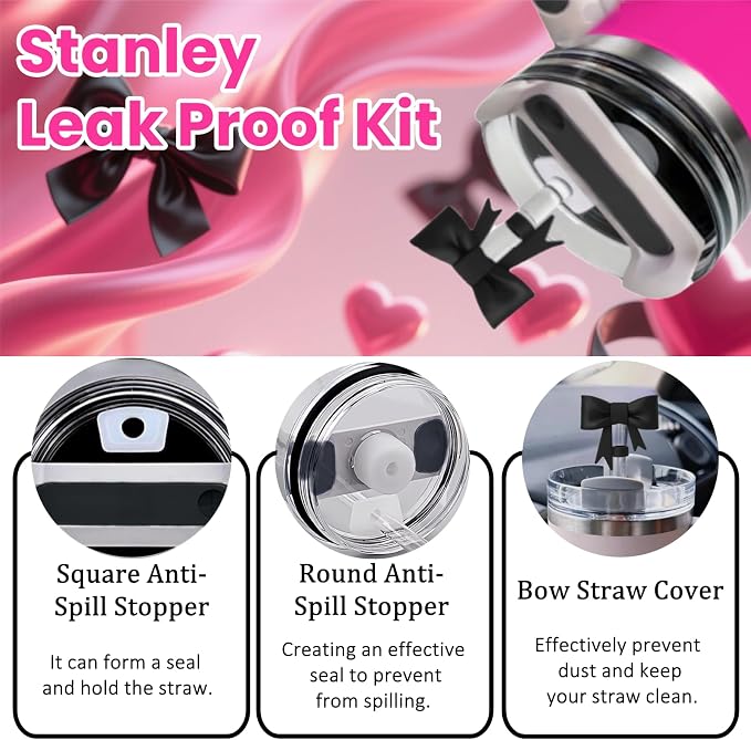 MOTEERLLU 6pcs Black Stanley Cup Accessories Set, Bow Straw Topper - Image 4
