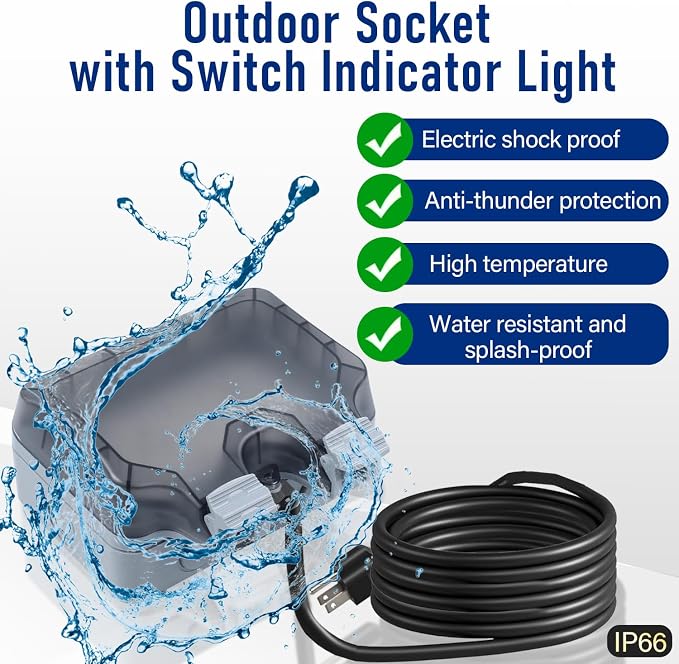 Outdoor Power Outlet Box with 26.3Ft Extension Cord, NEMA 5-15R, STW 14 AWG - Image 7