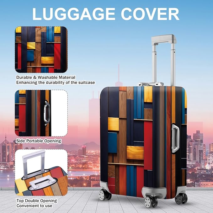 ANNA QUEEN Modern Geometric Wood Luggage Cover, Abstract Panel Suitcase - Image 2
