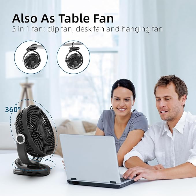 10000mAh 30hrs Portable Fan Rechargeable, 8-Inch Battery Operated Clip on Fan - Image 6