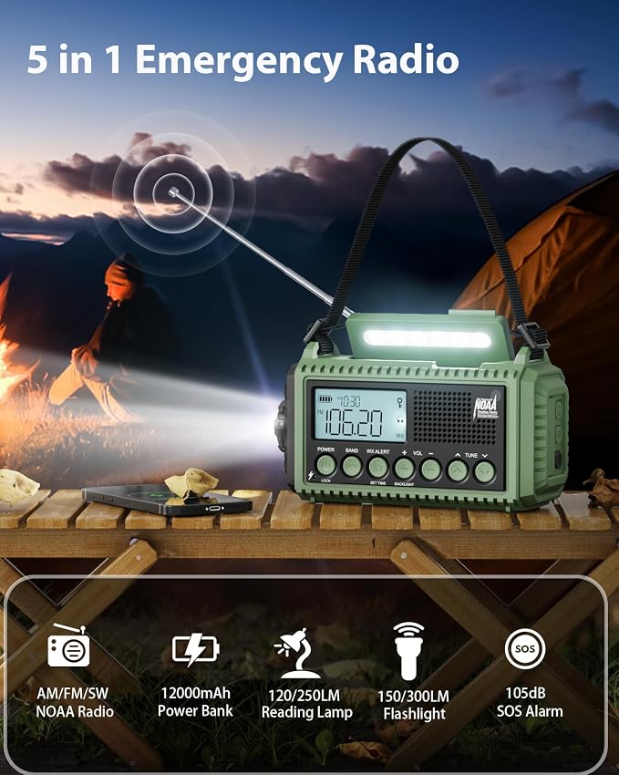 Emergency Weather Radio, Hand Crank 12000mAh Battery Powered Auto Alert NOAA - Image 2