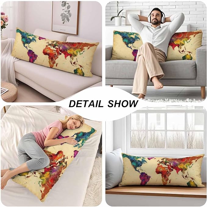 World Map Body Pillow Pillowcase, Retro World Map Colorful Body Pillow Cushion - Image 5