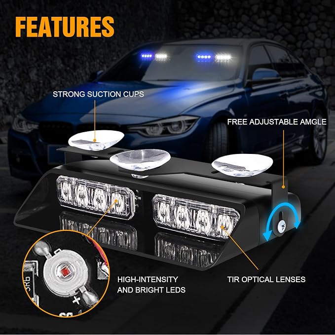 XRIDONSEN 2 in 1 Blue White Emergency Dash Strobe Lights Interior Front/Rear - Image 3