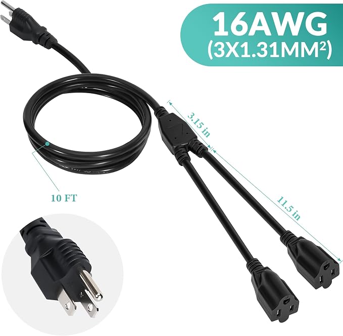 2 Way Power Cord Splitter Cable 10 Ft-3 Prong 1 to 2 Extension Cord-Outlet - Image 6