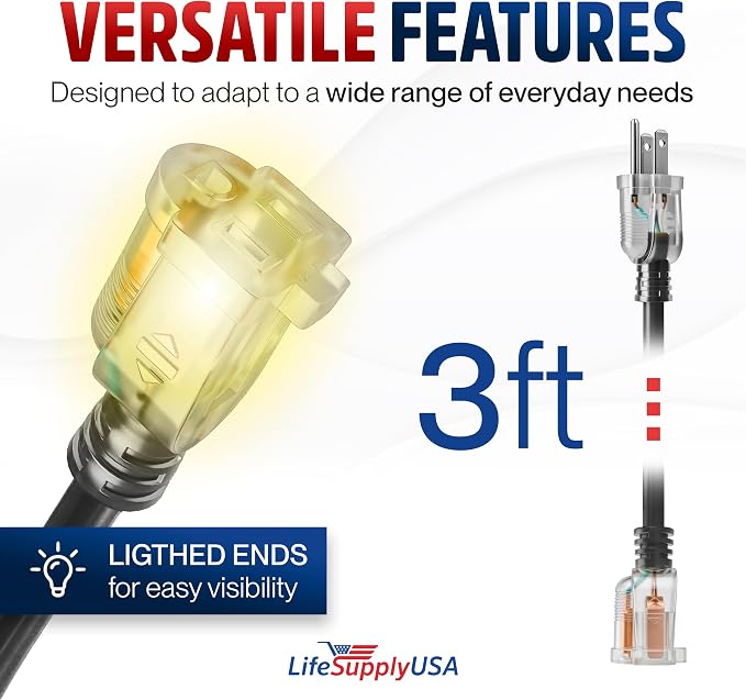 3ft Outdoor/Indoor Extension Cord 12/3 Gauge Extra Heavy Duty 3 Prong SJTW - Image 6
