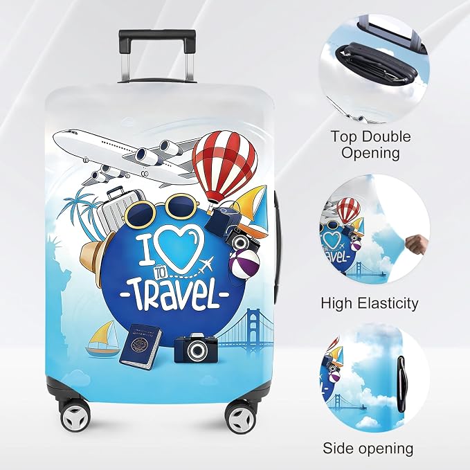 ANNA QUEEN I Love Travel Themed Luggage Cover, Stretchable Suitcase Protector - Image 2