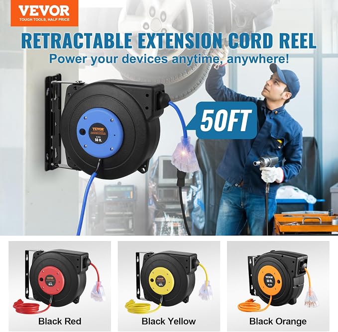 VEVOR Retractable Extension Cord Reel, 50 FT, Heavy Duty 14AWG/3C SJTOW - Image 2