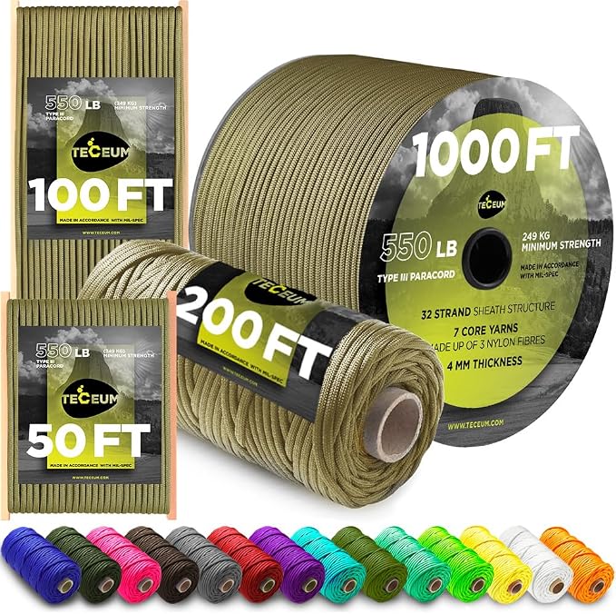 TECEUM Reflective Paracord Rope 1000 – 1000ft/200ft/100ft/50ft – 40+ Colors – by TECEUM