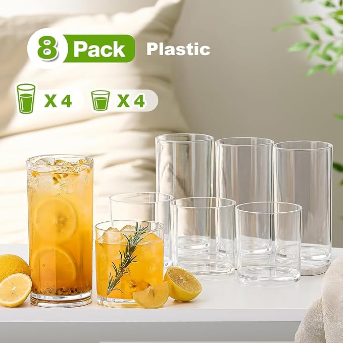 Plastic Drinking Glasses Set of 8, 14oz Rocks & 20oz Water Cups, Unbreakable - Image 2