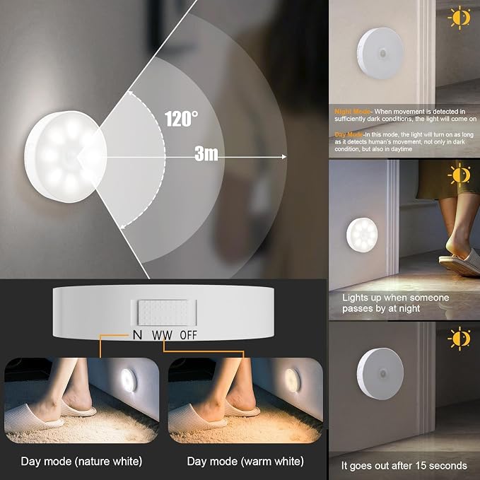 6 Pack Under Cabinet Lights, 16 LEDs Wireless Motion Sensor Light Puck Light - Image 4
