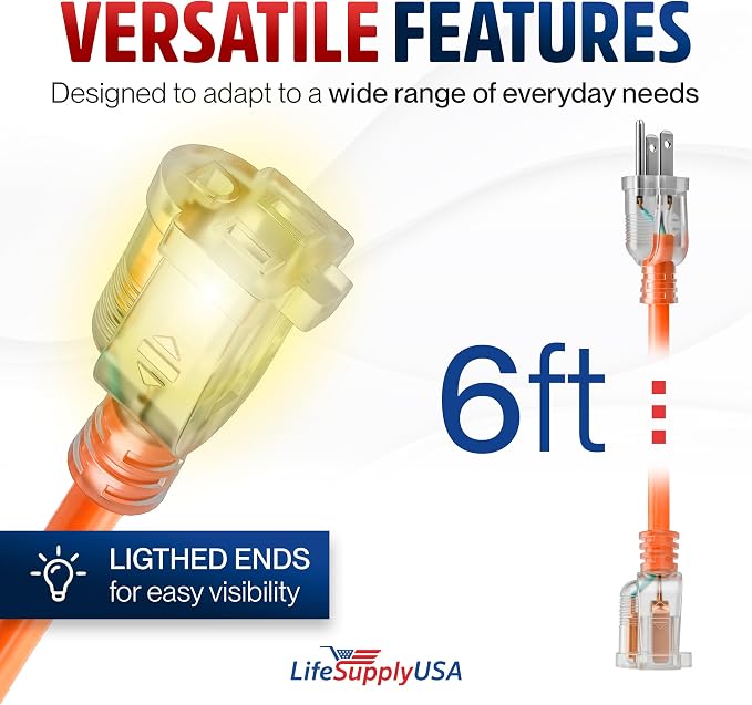 6ft Outdoor/Indoor Extension Cord 12/3 Gauge Extra Heavy Duty 3 Prong SJTW - Image 6