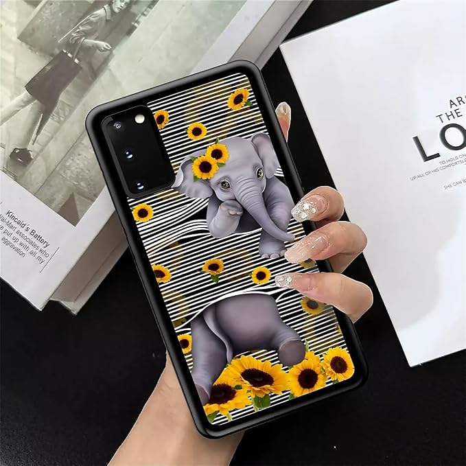 for Samsung Galaxy S20 Case, Cute Little Elephant Sunflower White Line Art - Image 7