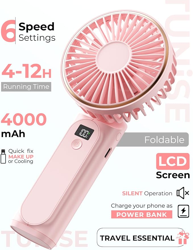 TUNISE Portable Handheld Fan, 180 Adjustable, 6 Speed Wind, USB Rechargeable - Image 2