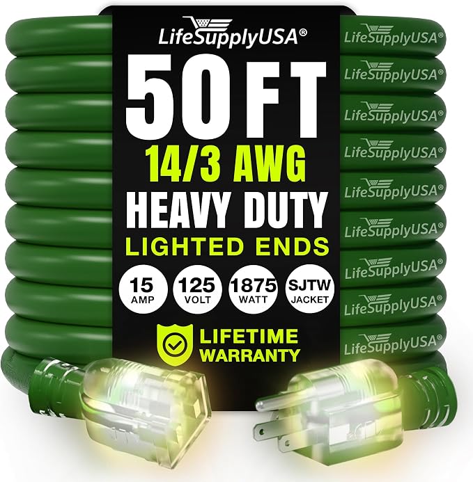 50ft Outdoor/Indoor Extension Cord 14/3 Gauge Heavy Duty 3 Prong SJTW, by LifeSupplyUSA
