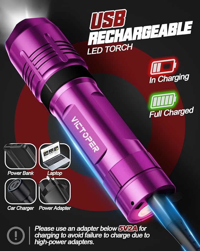Victoper Pink Rechargeabe Flashlight 2 Pack, High Lumens 5 Modes LED Bright - Image 5
