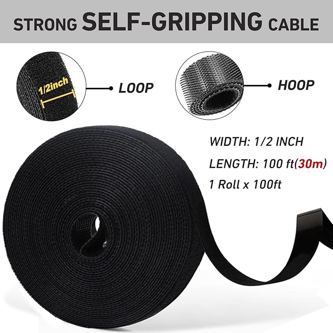 100ft x1/2 in Hook and Loop Roll, Hitotsu Reusable Fastening Tape Cable Ties - Image 2