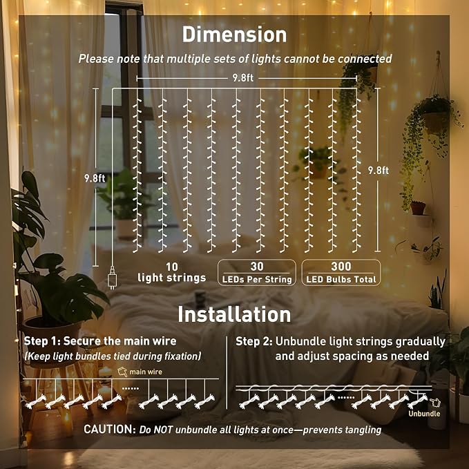 JMEXSUSS 300 LED Remote Control Curtain Lights, Plug in Fairy Curtain Lights - Image 6
