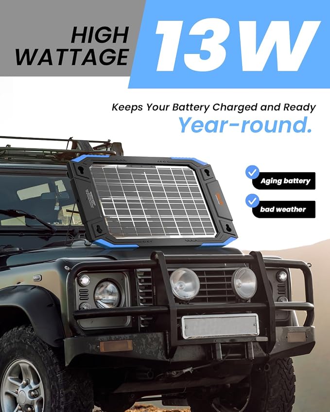 BALDR 12V Solar Battery Charger, 13W Waterproof Dual Sided Battery Maintainer - Image 2