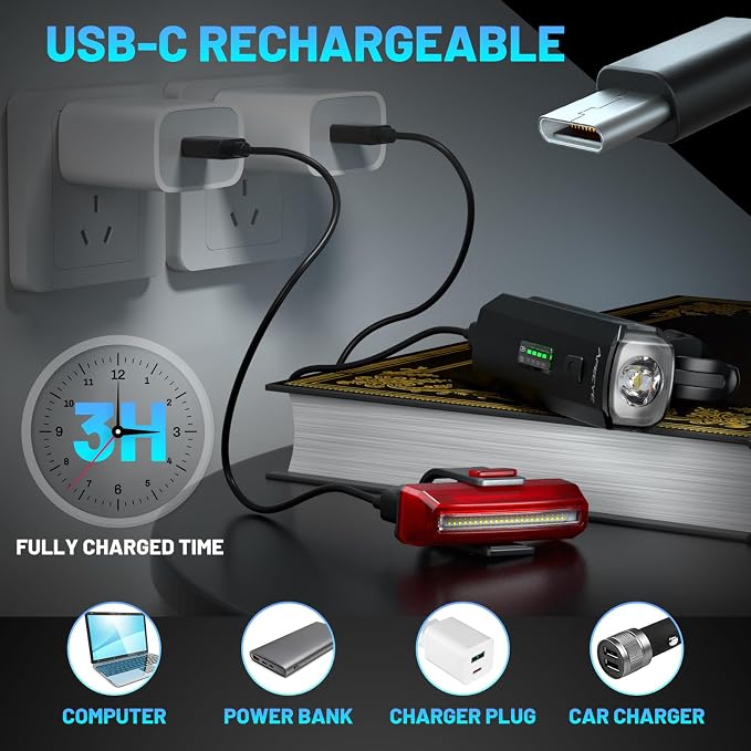 APECYC Bike Lights USB-C Rechargeable Bicycle Front Headlight and Rear Taillight - Image 6