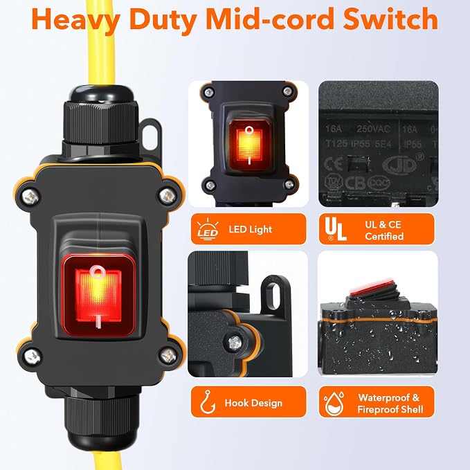 Heavy Duty Extension Cord with On/Off Switch, Outdoor Waterproof Inline Power - Image 3