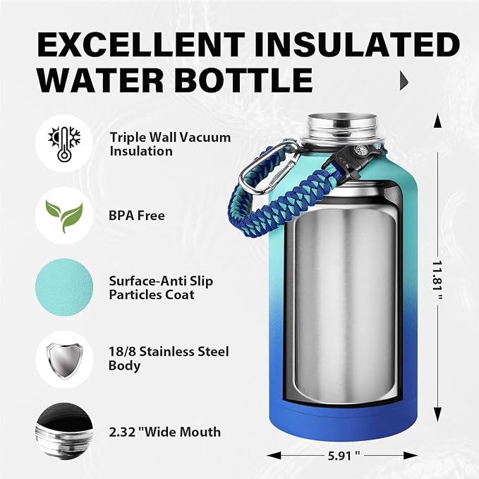 One Gallon Insulated Water Bottle, Triple Wall 128 oz Stainless Steel Wide - Image 4
