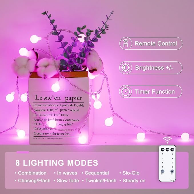 JMEXSUSS 100 LED Pink String Lights Indoor, 33 ft Connectable Globe Pink Lights - Image 4
