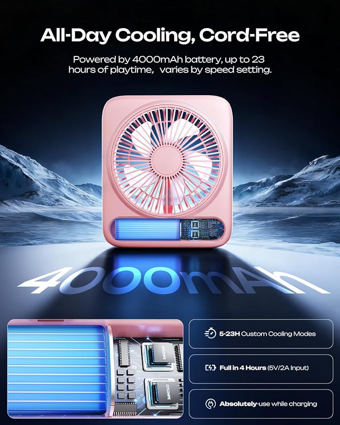 Otlonpe Personal Portable Desk Fan, 4000mAh Small Rechargeable Portable Fan - Image 3