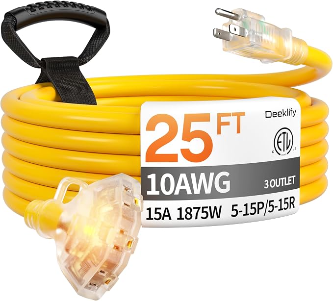 25 ft 10 Gauge Heavy Duty 3 Outlet Extension Cord Splitter by Deeklify