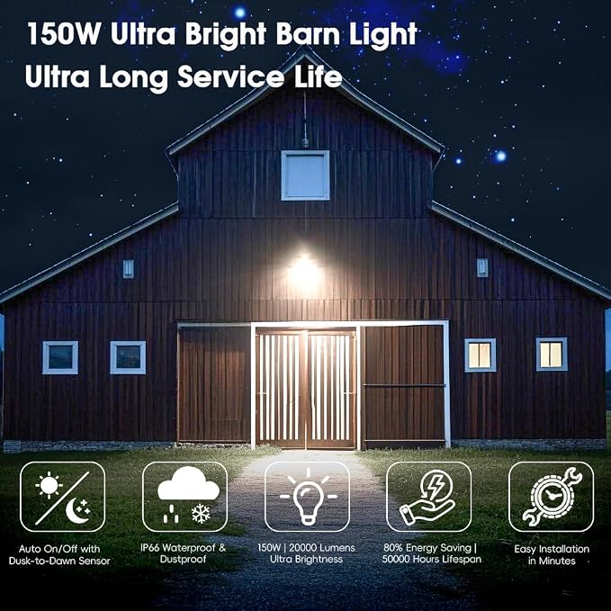 150W 4 Pack 20000LM Dusk to Dawn Outdoor Lighting, LED Barn Lights Outdoor - Image 9