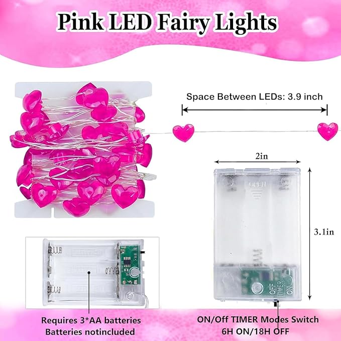 10FT Pink Heart Fairy Lights Battery Operated - Image 6