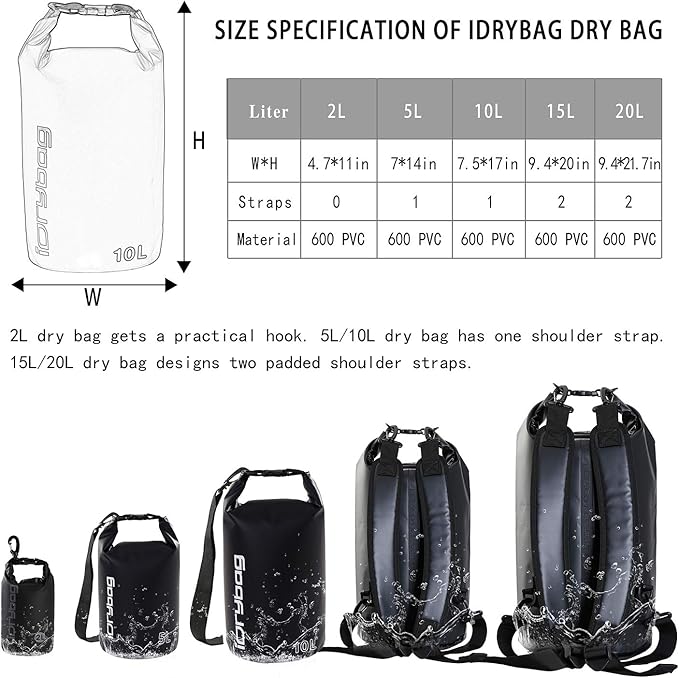 IDRYBAG Dry Bag for Kayaking Waterproof 2L/5L/10L/15L/20L, Small Dry Sack - Image 3