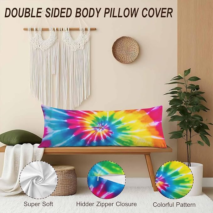 Tie Dye Body Pillow Pillowcase, Abstract Tie Dye Rainbow Farmhouse Pillow Body - Image 4