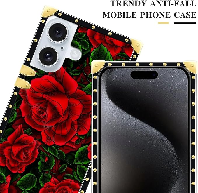 Compatible with iPhone 16 Plus Case, Vector Red Rose Green Leaf Luxury Golden - Image 5